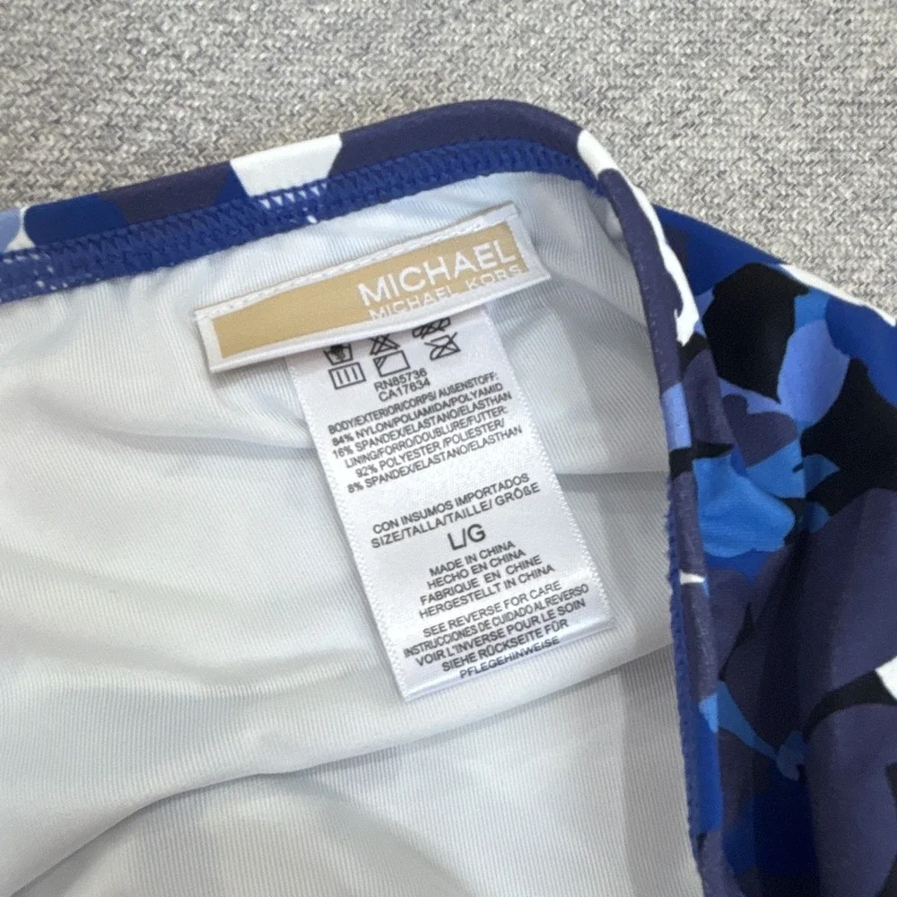 Michael Kors Womens Blue Floral Bikini Swim Bottom Logo Ring Lined Stretch Sz L